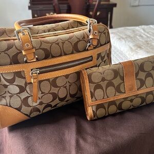 Coach Tan and Brown Signature Bag and Wallet